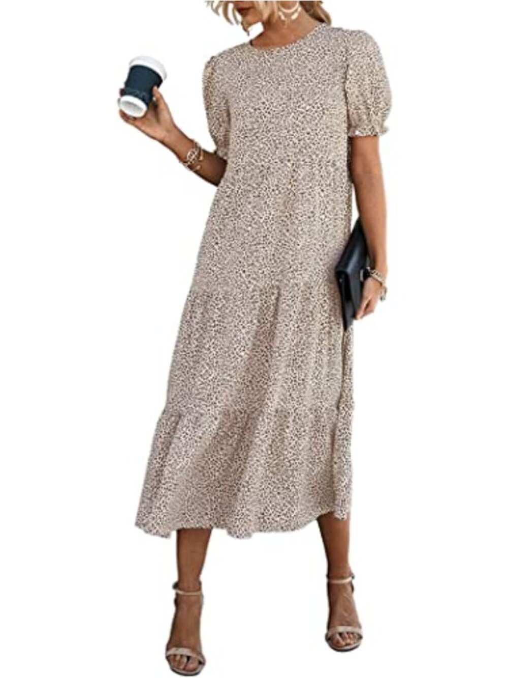 Women's Boho Midi Dress Floral Puff Sleeve Ruffle High Waist Summer